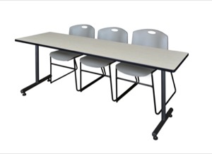 84" x 24" Kobe Training Table - Maple & 3 Zeng Stack Chairs - Grey