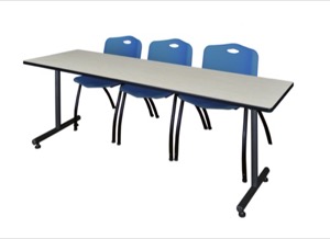 84" x 24" Kobe Training Table - Maple & 3 'M' Stack Chairs - Blue