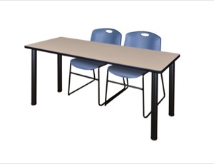 60" x 24" Kee Training Table - Beige/ Black & 2 Zeng Stack Chairs - Blue