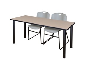 60" x 24" Kee Training Table - Beige/ Black & 2 Zeng Stack Chairs - Grey