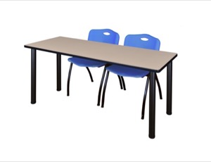 60" x 24" Kee Training Table - Beige/ Black & 2 'M' Stack Chairs - Blue