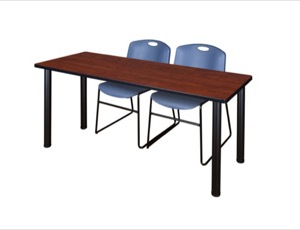 60" x 24" Kee Training Table - Cherry/ Black & 2 Zeng Stack Chairs - Blue