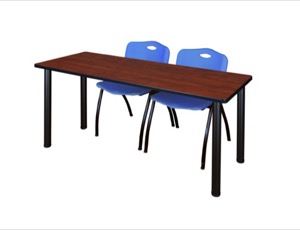 60" x 24" Kee Training Table - Cherry/ Black & 2 'M' Stack Chairs - Blue