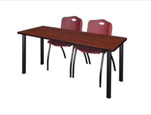 60" x 24" Kee Training Table - Cherry/ Black & 2 'M' Stack Chairs - Burgundy