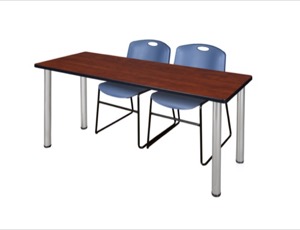 60" x 24" Kee Training Table - Cherry/ Chrome & 2 Zeng Stack Chairs - Blue