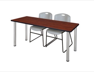 60" x 24" Kee Training Table - Cherry/ Chrome & 2 Zeng Stack Chairs - Grey