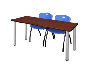 60" x 24" Kee Training Table - Cherry/ Chrome & 2 'M' Stack Chairs - Blue