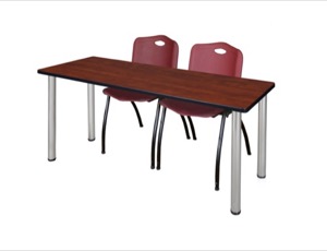 60" x 24" Kee Training Table - Cherry/ Chrome & 2 'M' Stack Chairs - Burgundy