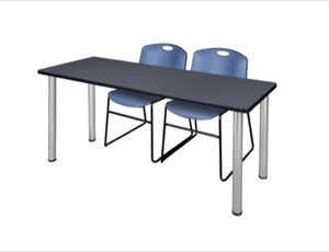 60" x 24" Kee Training Table - Grey/ Chrome & 2 Zeng Stack Chairs - Blue