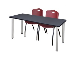 60" x 24" Kee Training Table - Grey/ Chrome & 2 'M' Stack Chairs - Burgundy