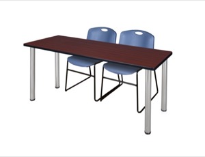 60" x 24" Kee Training Table - Mahogany/ Chrome & 2 Zeng Stack Chairs - Blue