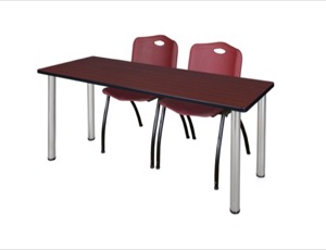 60" x 24" Kee Training Table - Mahogany/ Chrome & 2 'M' Stack Chairs - Burgundy
