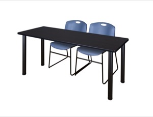 60" x 24" Kee Training Table - Mocha Walnut/ Black & 2 Zeng Stack Chairs - Blue