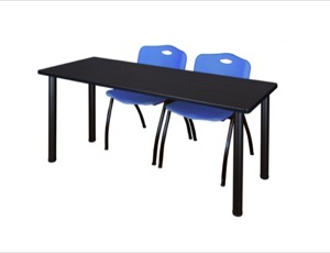60" x 24" Kee Training Table - Mocha Walnut/ Black & 2 'M' Stack Chairs - Blue