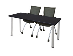 60" x 24" Kee Training Table - Mocha Walnut/ Chrome & 2 Apprentice Chairs - Black