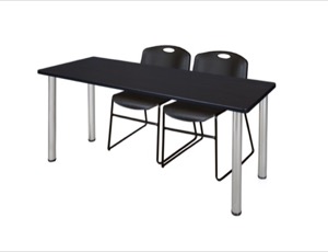 60" x 24" Kee Training Table - Mocha Walnut/ Chrome & 2 Zeng Stack Chairs - Black