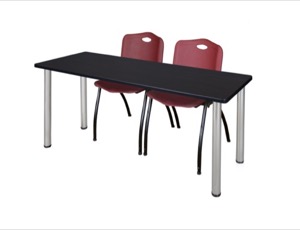 60" x 24" Kee Training Table - Mocha Walnut/ Chrome & 2 'M' Stack Chairs - Burgundy