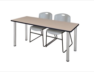 66" x 24" Kee Training Table - Beige/ Chrome & 2 Zeng Stack Chairs - Grey