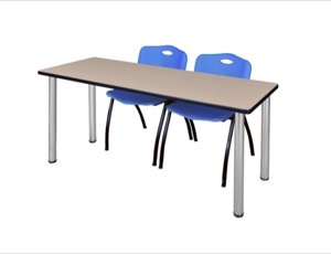 66" x 24" Kee Training Table - Beige/ Chrome & 2 'M' Stack Chairs - Blue