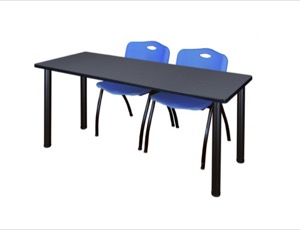 66" x 24" Kee Training Table - Grey/ Black & 2 'M' Stack Chairs - Blue