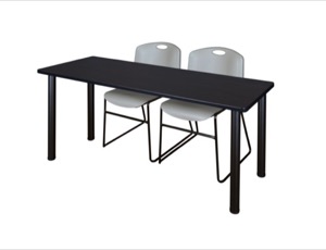 66" x 24" Kee Training Table - Mocha Walnut/ Black & 2 Zeng Stack Chairs - Grey