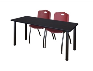 66" x 24" Kee Training Table - Mocha Walnut/ Black & 2 'M' Stack Chairs - Burgundy