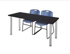 66" x 24" Kee Training Table - Mocha Walnut/ Chrome & 2 Zeng Stack Chairs - Blue
