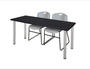 66" x 24" Kee Training Table - Mocha Walnut/ Chrome & 2 Zeng Stack Chairs - Grey