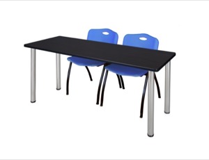 66" x 24" Kee Training Table - Mocha Walnut/ Chrome & 2 'M' Stack Chairs - Blue