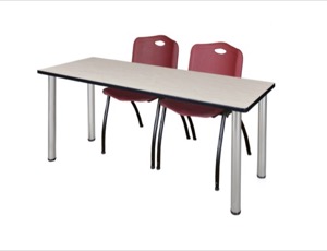66" x 24" Kee Training Table - Maple/ Chrome & 2 'M' Stack Chairs - Burgundy