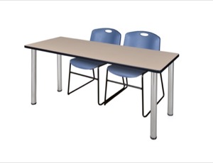 72" x 24" Kee Training Table - Beige/ Chrome & 2 Zeng Stack Chairs - Blue