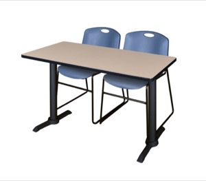 Cain 48" x 24" Training Table - Beige & 2 Zeng Stack Chairs - Blue