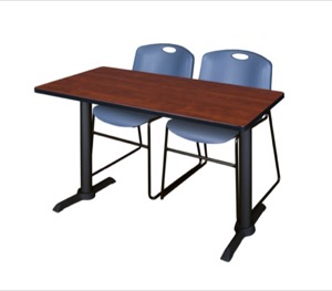 Cain 48" x 24" Training Table - Cherry & 2 Zeng Stack Chairs - Blue