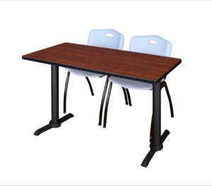 Cain 48" x 24" Training Table - Cherry & 2 'M' Stack Chairs - Grey