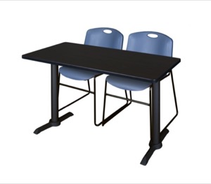Cain 48" x 24" Training Table - Mocha Walnut & 2 Zeng Stack Chairs - Blue