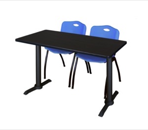 Cain 48" x 24" Training Table - Mocha Walnut & 2 'M' Stack Chairs - Blue