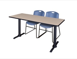 Cain 60" x 24" Training Table - Beige & 2 Zeng Stack Chairs - Blue
