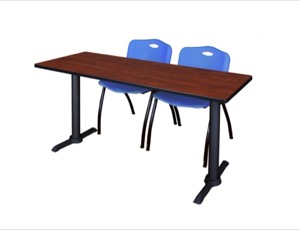 Cain 60" x 24" Training Table - Cherry & 2 'M' Stack Chairs - Blue