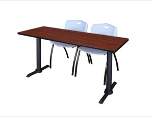 Cain 60" x 24" Training Table - Cherry & 2 'M' Stack Chairs - Grey