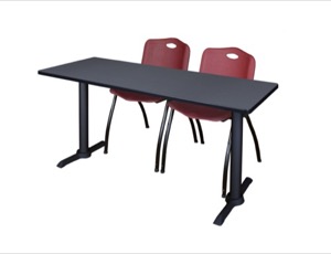 Cain 60" x 24" Training Table - Grey & 2 'M' Stack Chairs - Burgundy