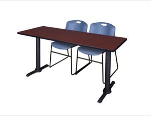 Cain 60" x 24" Training Table - Mahogany & 2 Zeng Stack Chairs - Blue