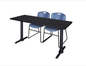 Cain 60" x 24" Training Table - Mocha Walnut & 2 Zeng Stack Chairs - Blue