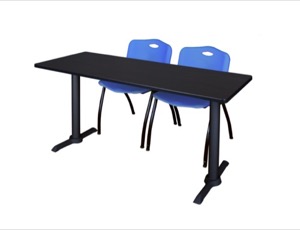 Cain 60" x 24" Training Table - Mocha Walnut & 2 'M' Stack Chairs - Blue