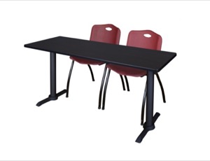 Cain 60" x 24" Training Table - Mocha Walnut & 2 'M' Stack Chairs - Burgundy