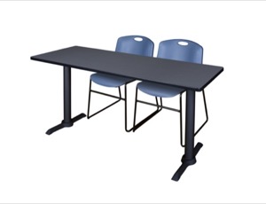 Cain 66" x 24" Training Table - Grey & 2 Zeng Stack Chairs - Blue
