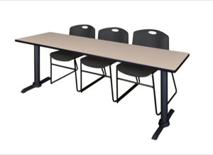 Cain 84" x 24" Training Table - Beige & 3 Zeng Stack Chairs - Black