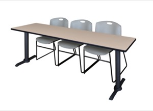 Cain 84" x 24" Training Table - Beige & 3 Zeng Stack Chairs - Grey