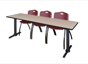 Cain 84" x 24" Training Table - Beige & 3 'M' Stack Chairs - Burgundy