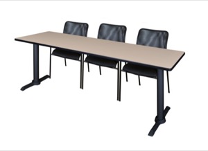 Cain 84" x 24" Training Table - Beige & 3 Mario Stack Chairs - Black