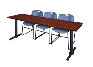 Cain 84" x 24" Training Table - Cherry & 3 Zeng Stack Chairs - Blue